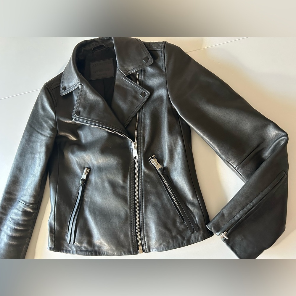 All Saints DALBY SLIM FIT LEATHER BIKER JACKET US2 - Picture 7 of 8